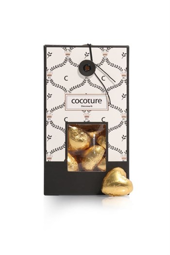 100g Fløde chokoladehjerter i guld folie i Cocoture æske