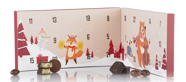 240g. Retro Julekalender med et mix af marcipan, fyldt chokolade, overtrukket mandel og lakrids